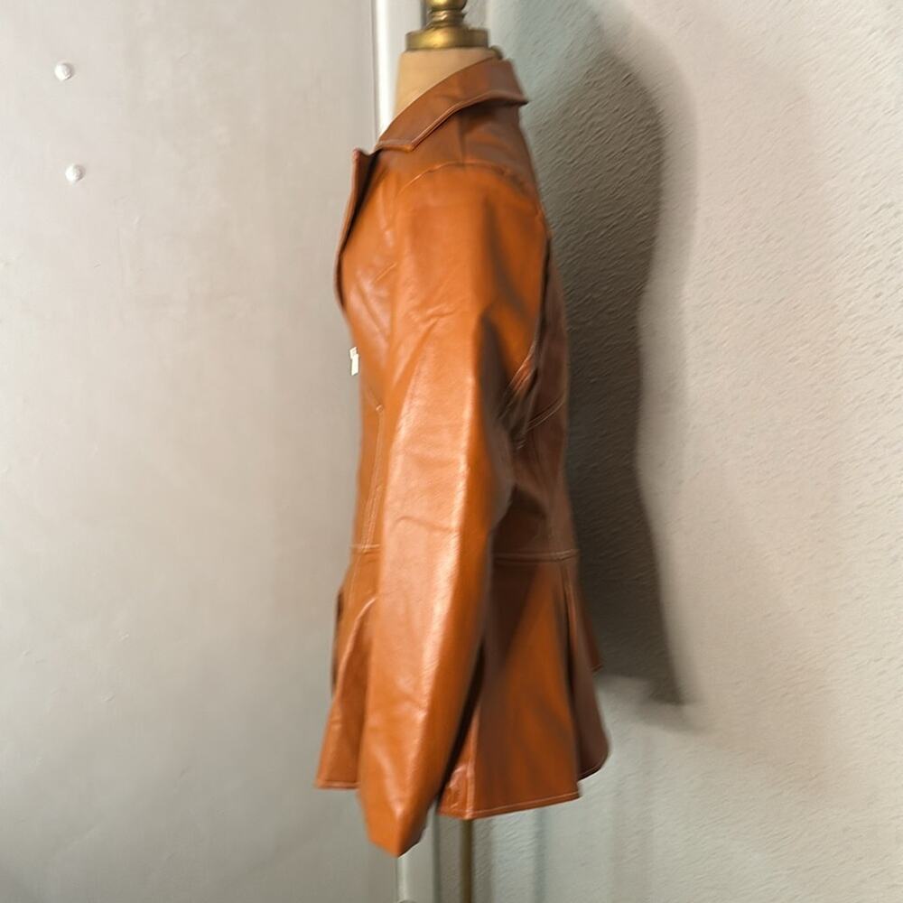 Pressed Brown Zip Up Peplum PU Jacket Swing Coat XL Boho Indie Rocker Glam Retro - Picture 4 of 12